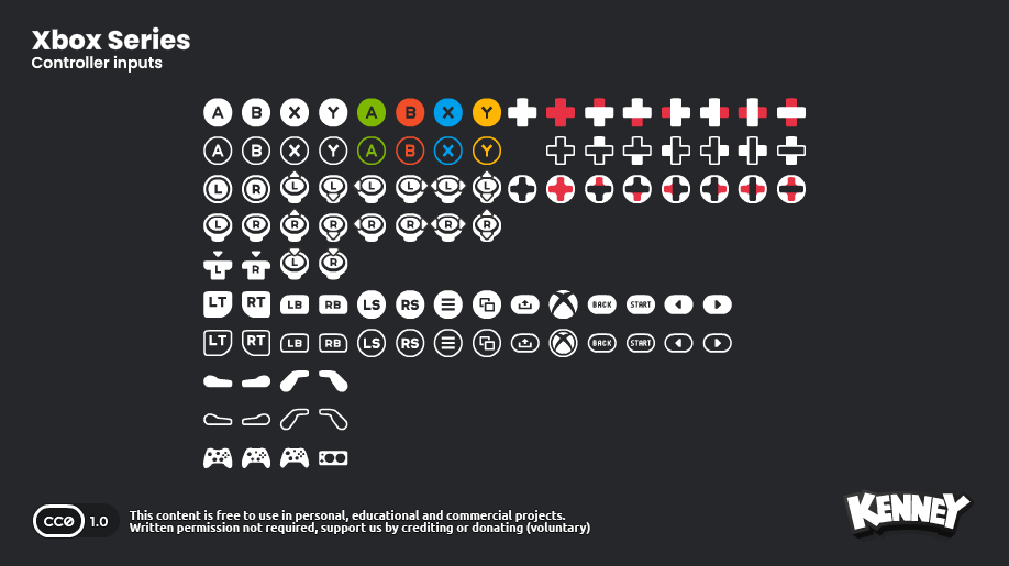 ภาพตัวอย่าง Input Prompts แสดงสัญลักษณ์ปุ่มจอย Xbox หลายแบบ