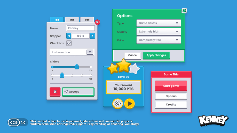 ภาพรวมชุด Kenney UI Pack แสดงหน้าต่าง เมนู ปุ่ม และแถบเลื่อนหลายรูปแบบ